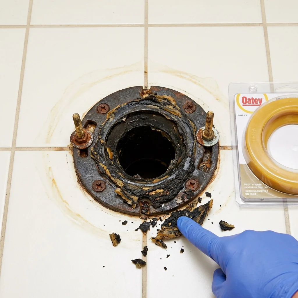 Failed wax ring showing water seepage at the base of a toilet in a Oxford, CT home