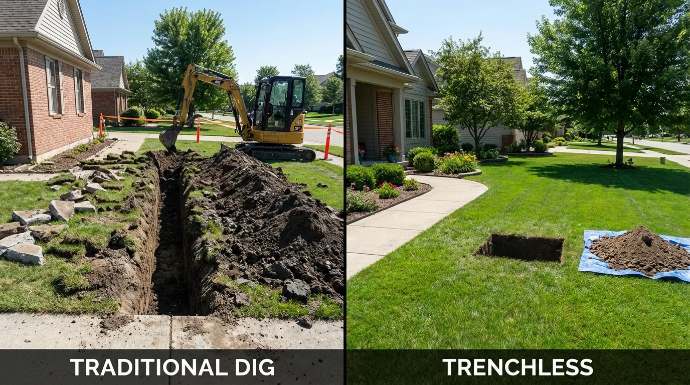 Trenchless sewer repair with minimal yard damage versus traditional excavation in Oxford, CT