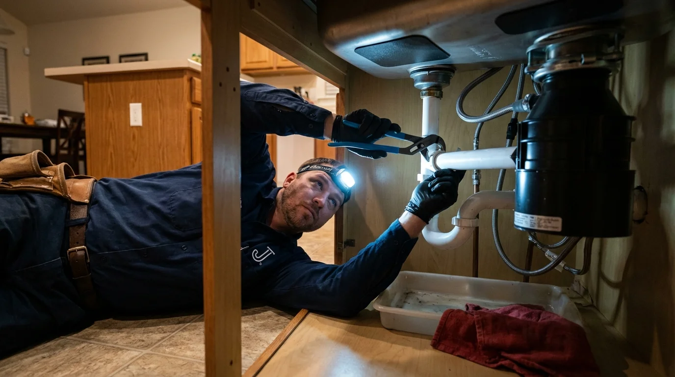 P-trap and supply line connections under a kitchen sink showing a common leak point in Oxford, CT